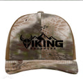 Camo Viking Outdoors trucker hat with black mountain wordmark