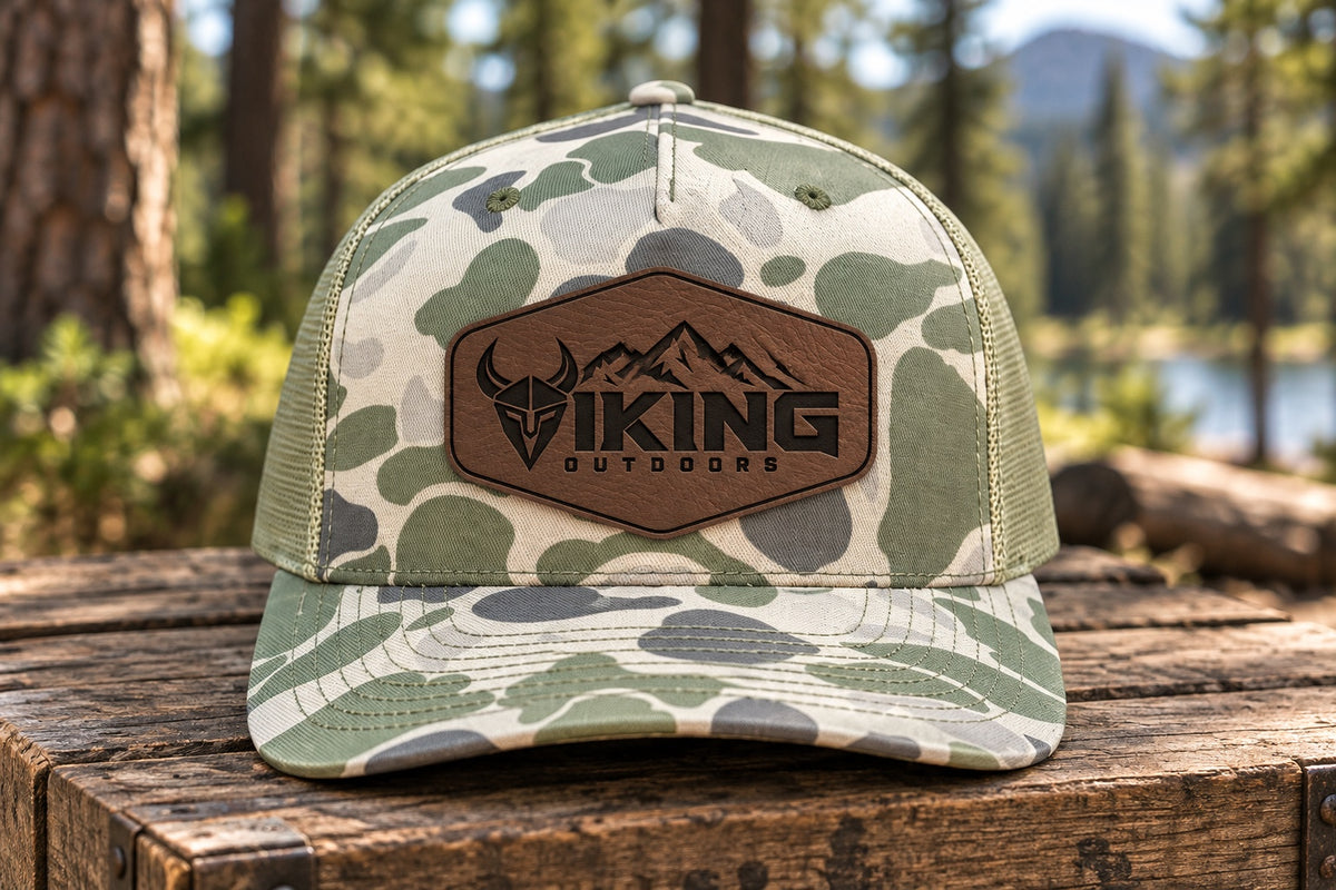 Green camo Viking Outdoors trucker hat with brown logo patch