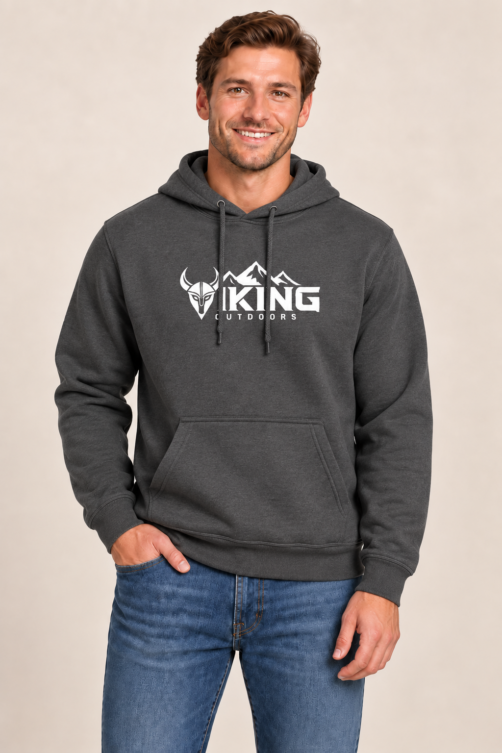 Charcoal Viking Outdoors logo hoodie, front studio model mockup