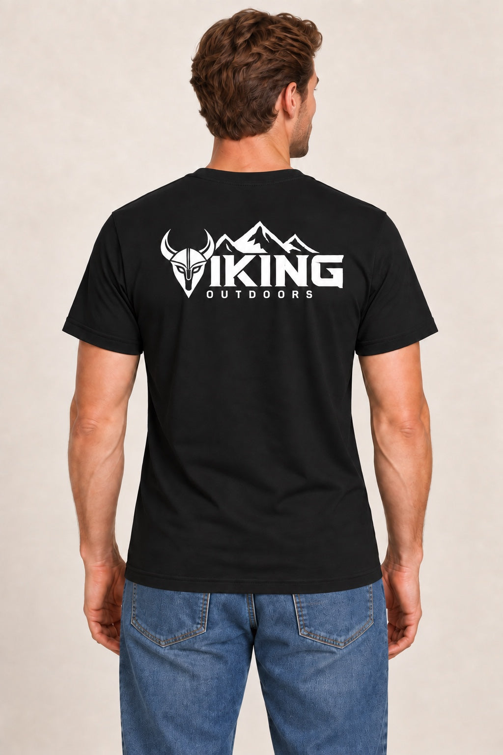 Black Viking Outdoors logo tee, back view on a male model