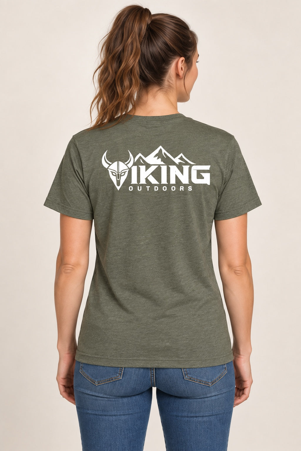 Olive Viking Outdoors logo tee, back view