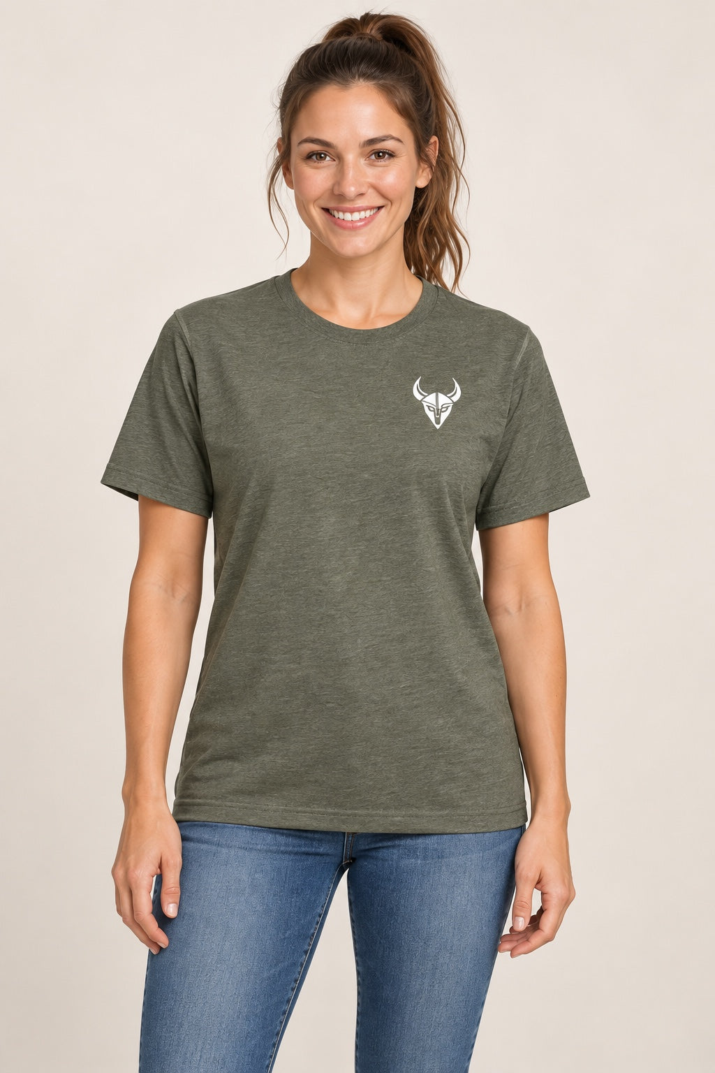 Olive Viking Outdoors logo tee, front view