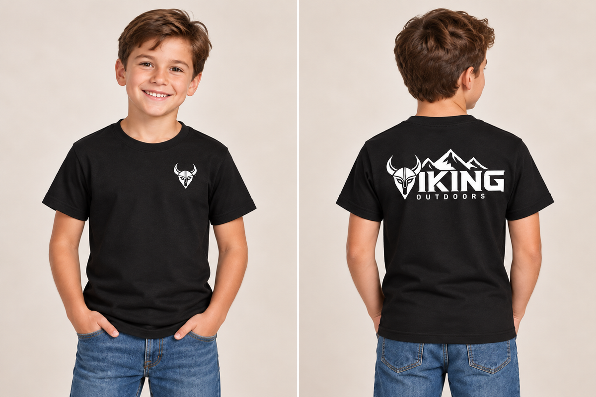 Black Viking Outdoors youth tee, front and back model mockup